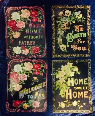 4 Antique C 1890 American Victorian Motto Floral Print Set Roses Pansies 12x16”