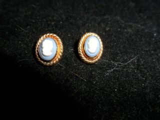 Antique 14 Kt Yellow Gold Blue Cameo Pierced Earrings