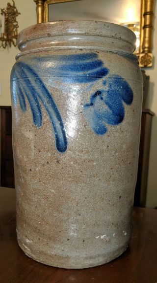 Antique American Blue Decorated Salt Glaze Stoneware Crock 1 1/2 G Mid - Atlantic