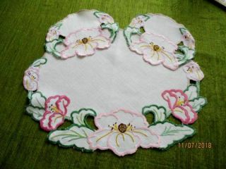 Vintage Tray Cloth - Hand Embroidered Pink Flowers,  2 Mats - Linen