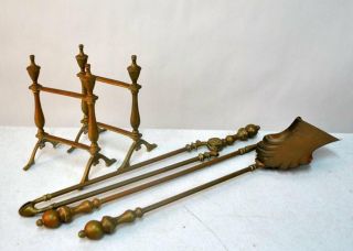 Antique British Bronze Andirons/stands & Matching 3 Piece Fireplace Tool Set