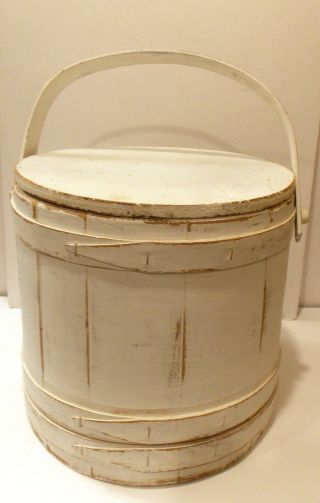 Antique White Painted Wooden Firkin Sugar Bucket With Lid & Finger Overlap Bands