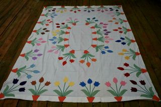 Vtg Applique Coverlet Muslin Floral Potted Tulips Embroidery 90 " X 64 "
