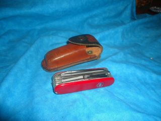 Victorinox Red Swiss Army Knife With Leather Sheath Camping,  Scout 13 Blade