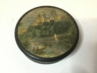 Antique Victorian Turned Dark Wood Snuff,  Salve Or Patch Box With Print On Lid