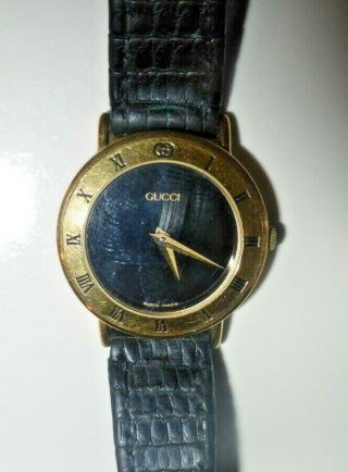 Vintage Gucci 3000.  2.  L 18k Gold Plate Roman Numeral 26 Mm Leather Band Watch