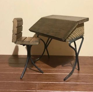 Dollhouse Miniature Vintage Furniture Wood School Slant Top Desk With Chair