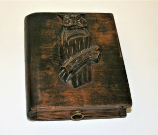 Antique Black Forest Box With Hand Carved Owl Decor Book Shaped Trinket Box 3