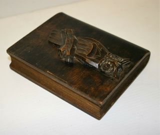 Antique Black Forest Box With Hand Carved Owl Decor Book Shaped Trinket Box 7
