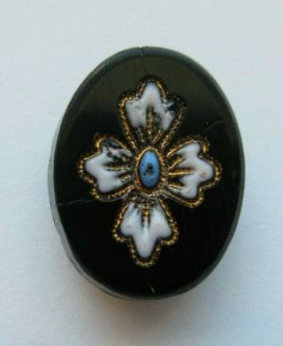Exceptional Antique Vtg Victorian Black Glass Button W/ Enameled Flower (f)