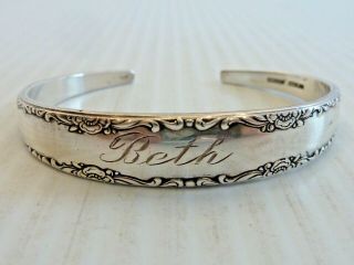 Gorham " Camellia " Pattern Sterling Silver Cuff Bracelet W/ " Beth " In Script