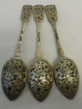 Set Of 3 Antique Russian Silver 84 Niello Enamel Spoons 5.  3 Inches Circa 1865