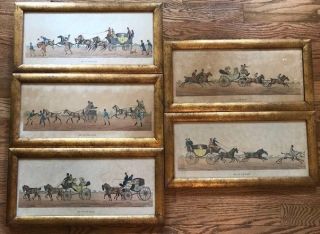 Vintage Style Horse Prints,  Set Of 5,  Gold Wood Frame