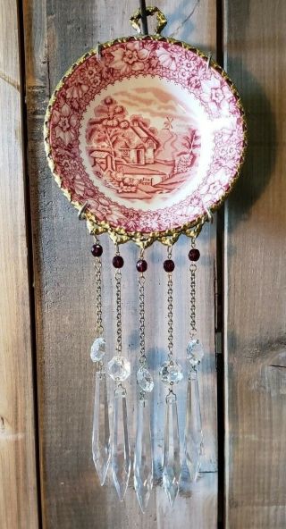 Antique Red Pink Woods Burslem England China Gilded With Crystals Wall Plaque