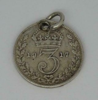 Antique English Sterling Silver 3 Pence Coin Charm C1917