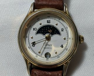 Vintage Timex Moonphase Watch.  Unique Flower Leather Band.  Good