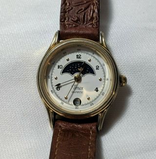 Vintage Timex Moonphase Watch.  Unique Flower Leather Band.  Good 3