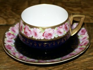 Antique Cup & Saucer Set Pink Drop Rose Edge & Cobalt Blue Center W Fleur De Lis