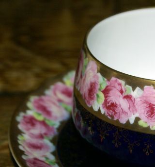 Antique Cup & Saucer Set Pink Drop Rose Edge & Cobalt Blue Center w Fleur de Lis 2