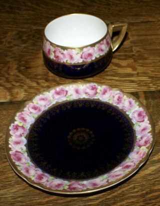 Antique Cup & Saucer Set Pink Drop Rose Edge & Cobalt Blue Center w Fleur de Lis 3