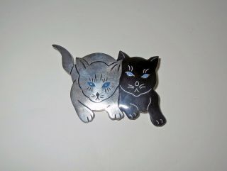 Large Antique Solid Mexican Sterling Silver - Troublesome Cat Brooch - Signed T0