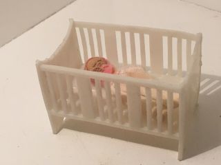 Vintage Dollhouse Miniatures Plastic Crib W/ Baby 5