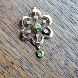 Hallmarked 9ct Gold Antique Edwardian Green Gem & Seed Pearl Pendant 3