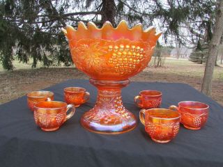 Northwood Grape & Cable Antique Carnival Glass Complete 8 Pc Punch Set Marigold