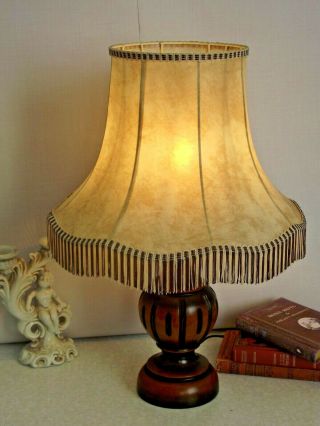 Large French Mid Century Turned Wooden Table Lamp With Fringed Hide Shade 1188