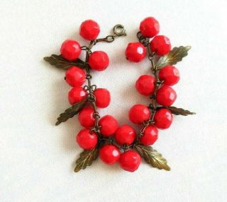 Vintage Antique Red Glass Beads Berries Bracelet W Brass Leaves Charms