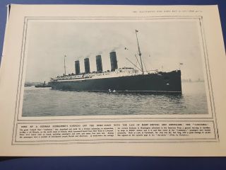 World War One Antique Print Sunk By Wwi German Submarines: The Lusitania