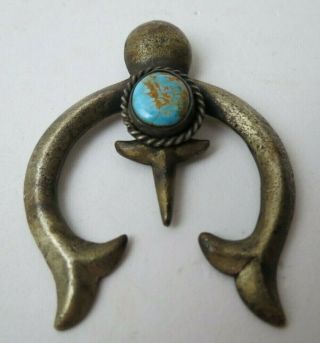 Antique Old Pawn Navajo Sandcast Sterling Silver Turquoise Naja Pendant