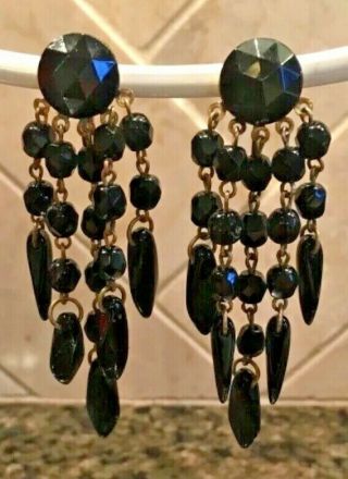 Antique Western Germany Black Glass Beaded Dangle Clip - On Earrings 2 1/2 "