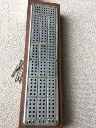 Antique Cribbage Board Solid Wood And Metal With 8 Metal Pegs