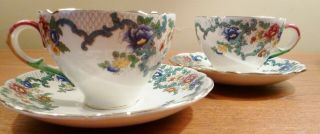 2 Antique Decorative Royal Cauldon Victoria Floral Tea Cups And Saucers