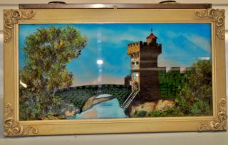 Antique Reverse Painting On Glass With Frame,  Bridge And Castle Scene