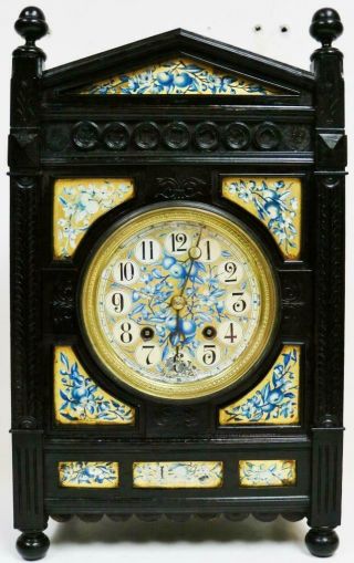 Large Antique Arts & Crafts French 8 Day Striking Ebony & Porcelain Mantel Clock