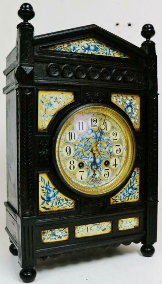 Large Antique Arts & Crafts French 8 Day Striking Ebony & Porcelain Mantel Clock 2
