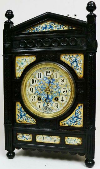 Large Antique Arts & Crafts French 8 Day Striking Ebony & Porcelain Mantel Clock 3