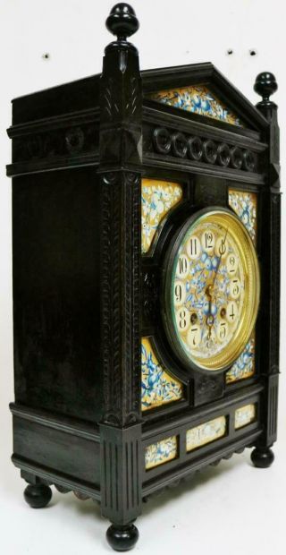 Large Antique Arts & Crafts French 8 Day Striking Ebony & Porcelain Mantel Clock 4