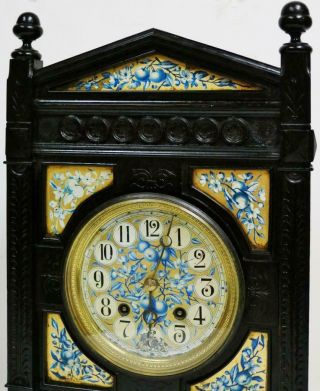 Large Antique Arts & Crafts French 8 Day Striking Ebony & Porcelain Mantel Clock 7