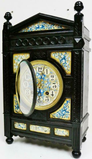 Large Antique Arts & Crafts French 8 Day Striking Ebony & Porcelain Mantel Clock 8