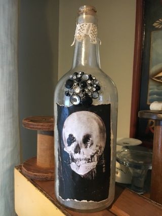Oddities Antique Bottle Skull Vanity Art 12” Tall Steampunk Gothic Macabre