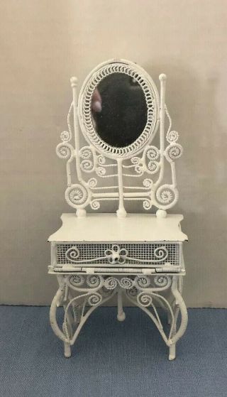 Vintage Dollhouse Miniature White Metal Wicker Ornate Vanity Dressing Table