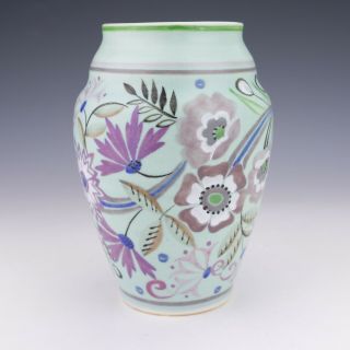 Antique Poole Pottery - Stylised Flower Painted Green Glazed Vase - Art Deco