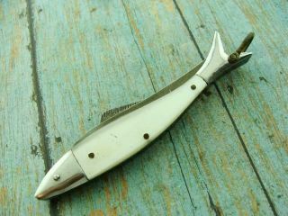 Vintage Japan Mop Pearl Folding Figural Fish Pocket Knife Fishing Knives Tools