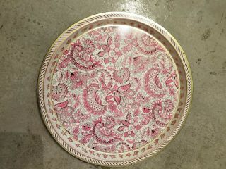 Vintage Vienna Woods Design Round Pink & Gold Paisley Metal Tray Made In England