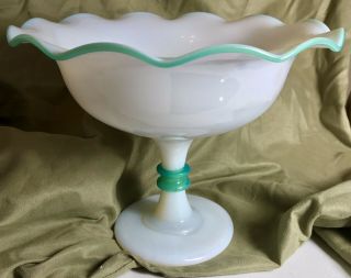 Blown Pittsburg White Compote With Green Applied Decor