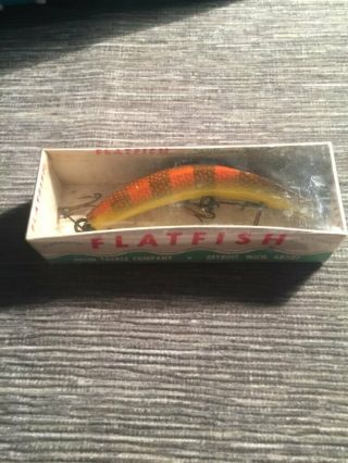 Vintage Fishing Lure - Helin Flatfish M2 Orange W Black Red Musky 4 1/2 "