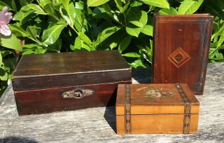 3 Old Vintage Antique Wood Keepsake Trinket Boxes For Tlc Book Floral Transfer